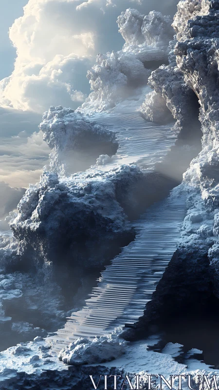 Icy stairway carved through cloud-wreathed mountain pass.