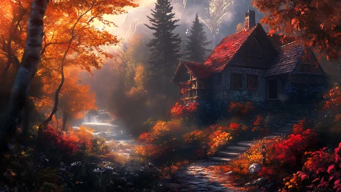 Autumn forest cottage with red roof and cinematic rim lighting.