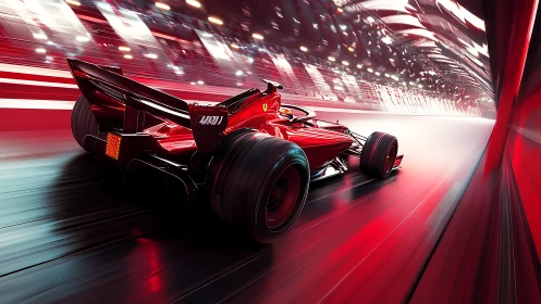 Red formula race car in motion through lit tunnel.