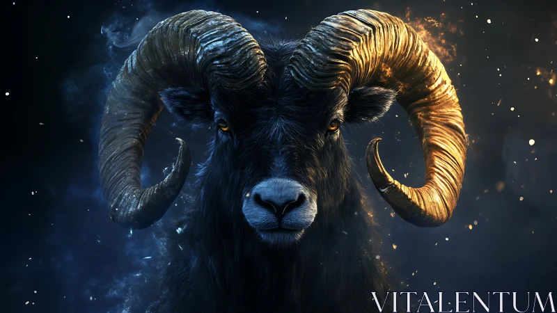 Majestic horned ram portrait with glowing contrast lighting.