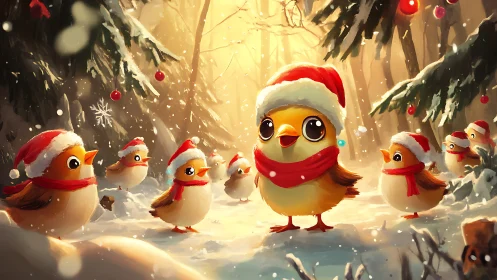 Digital painting of festive chick choir in snowy forest scene.