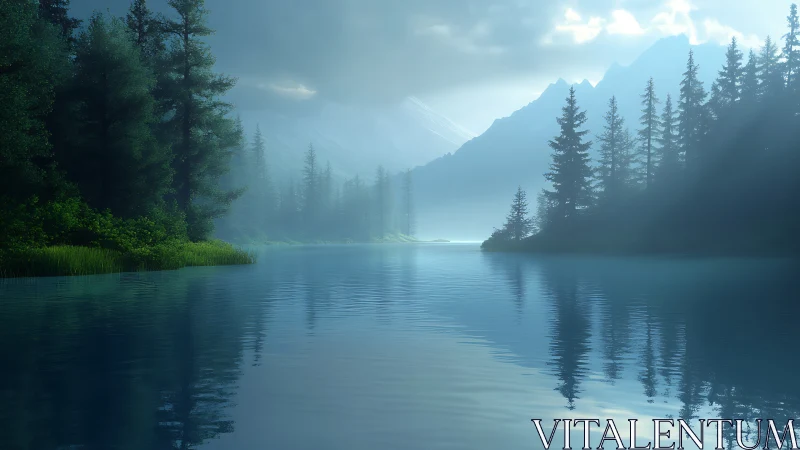 Morning mist braids light across a sapphire mountain lake