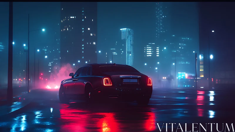 Midnight luxury sedan glides through neon-soaked city rain.