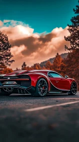 Crimson hypercar prowls autumn highway beneath turquoise sky
