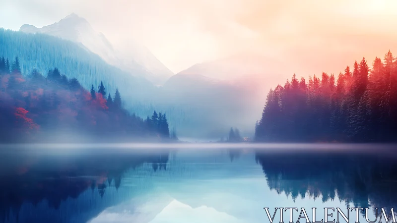 Mist-veiled pines trade whispers across a glassy mirror lake