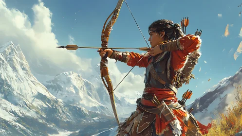 Mountain archer in dynamic side profile amid snow peaks.