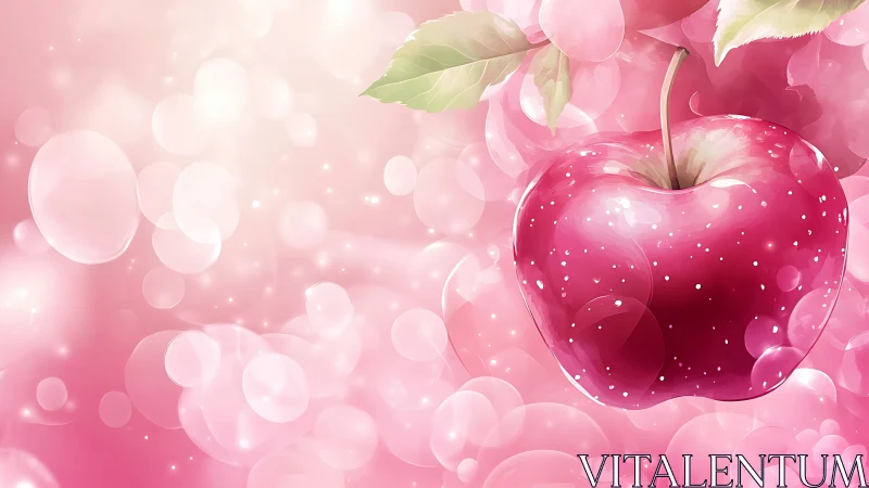 Glossy pink apple amid dreamy bokeh lightscape artwork.