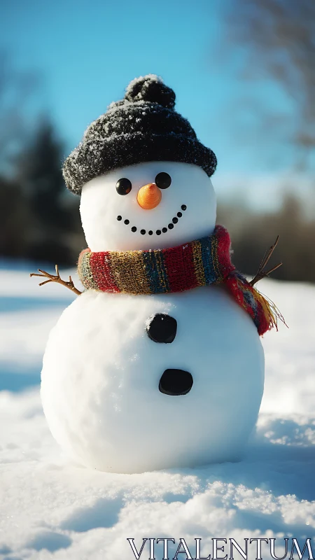 Smiling snowman in winter sun with hat and striped scarf.