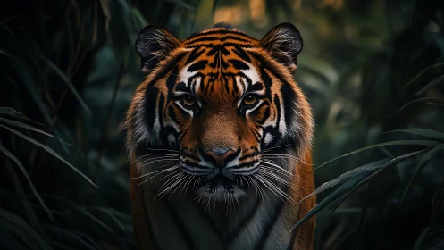 Tiger faces camera in low light among dense foliage