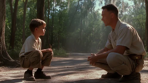 Father and son share quiet moment on sunlit forest road.