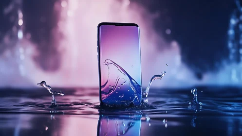 Waterproof smartphone stands in neon-lit splashing water pool.