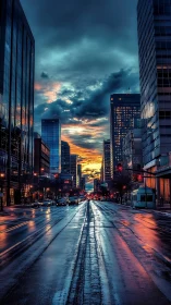 Rain-soaked city avenue under vivid sunset sky glow.