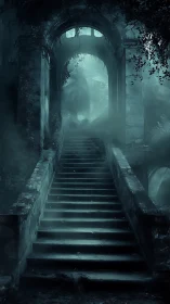 Fog-drenched ruin staircase under spectral cyan volumetrics.