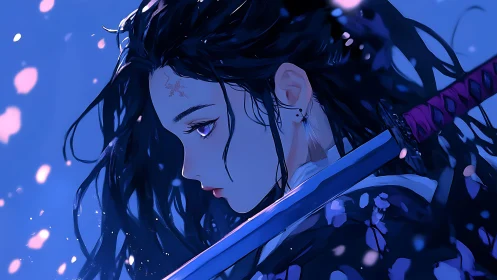 Side profile of sword-bearing woman in blue lighting.