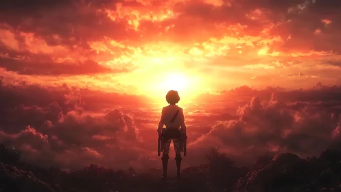 Backlit anime figure surveying volumetric sunset cloudscape.