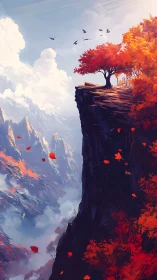 Crimson trees crown mountain cliff above misted valley.