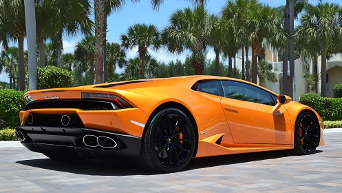 Sunlit orange supercar resting beneath tropical palm trees.