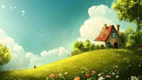 Sunlit cottage on rolling meadow under dreamy sky.