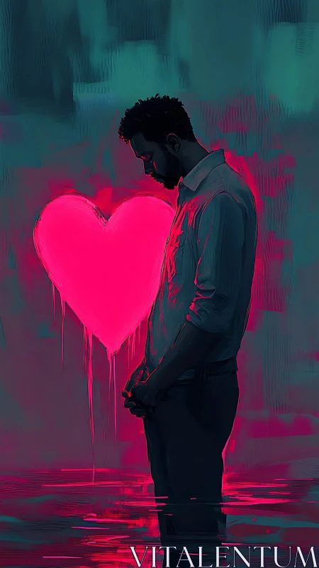 Quiet soul lingers beside a glowing pink heart in the dark