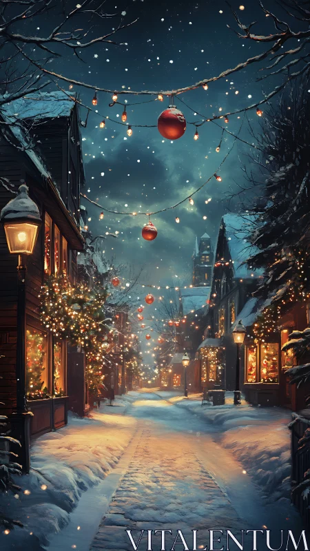 Snowy Christmas street glows with warm festive lights.
