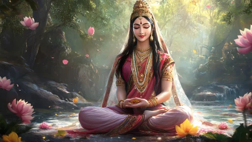 Seated female figure meditating in ornate attire by river.