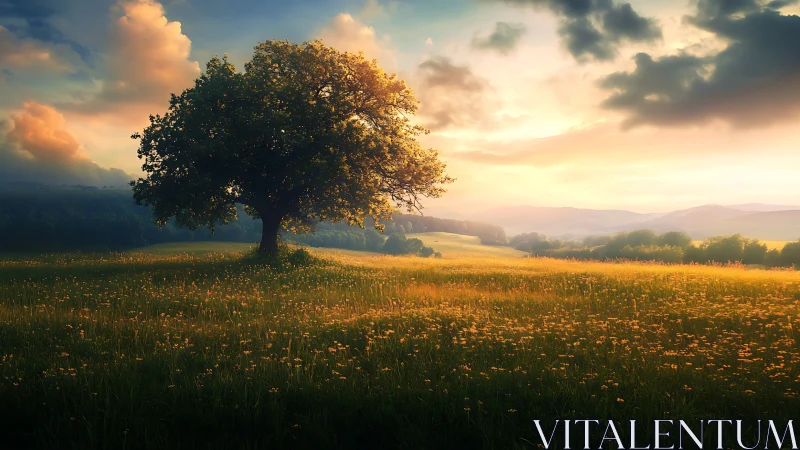 Solitary oak glows in golden light across rolling meadow.