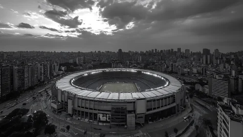 Monochrome aerial panorama of illuminated urban stadium bowl.