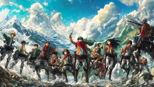 Tactical anime squad advances with 3D gear in alpine river valley