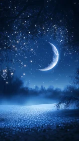 Crescent moon over frosted landscape in ethereal blue glow.
