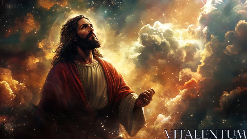 Messianic figure illuminated within radiant cosmic clouds.