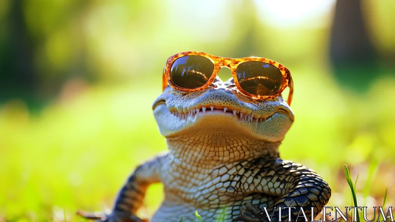 Sunbathing gator in amber shades, grinning through summer light.