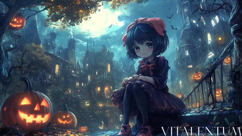 Moonlit pumpkins watch a quiet witchling guard the stairs