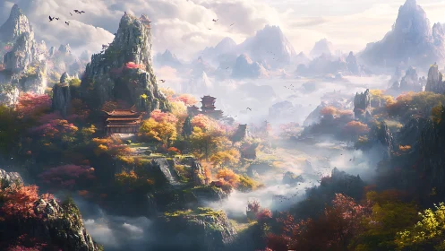 Mist-kissed mountain temples rest among glowing autumn forests