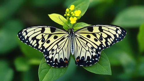 Delicate white butterfly rests on lush green leaves in focus.