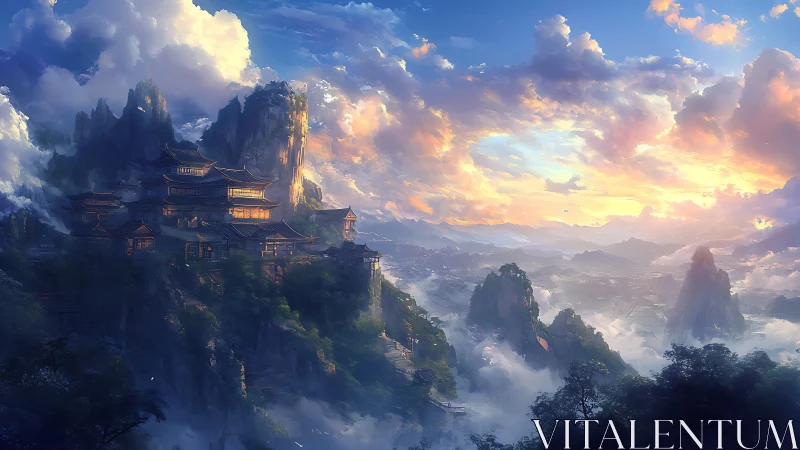Mountain temple city glows above clouds at colorful sunrise