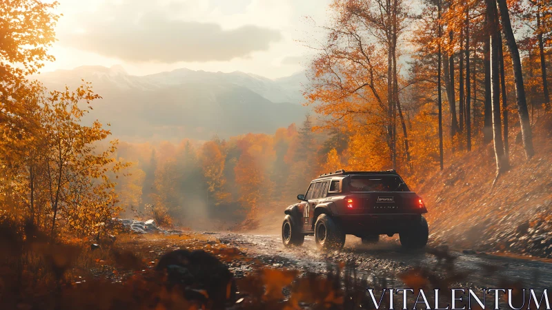 Off-road SUV powers through misty autumn forest trail.