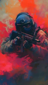 Helmeted tactical figure holds rifle amid abstract color field