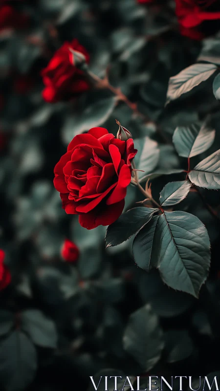 Deep red rose bloom with selective focus reveals layered petals against bokeh foliage.