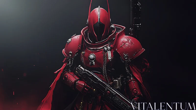 Red armored sci fi soldier holding rifle on dark background.