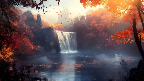 Autumnal waterfall landscape rendered with atmospheric depth mapping