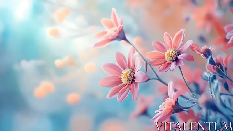Pink Daisies Bloom Against Soft Blue Bokeh Background.