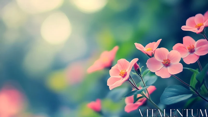 Pink cosmos flowers with shallow depth field and diffused bokeh background
