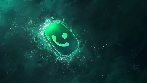 Luminescent teal smile glyph suspended in turbulent liquid field