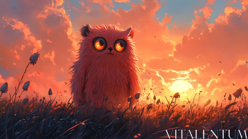 Fluffy orange creature with glowing eyes at sunset field.
