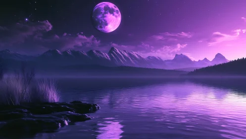 Lavender moonrise over still lake and whispering peaks.