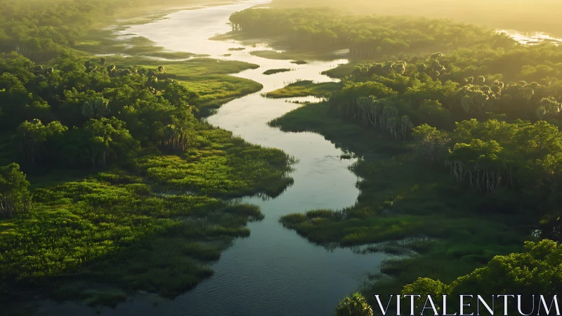 Sunlit river winding softly through lush green wetlands.