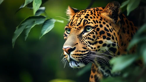Leopard portrait in dense foliage with shallow depth of field