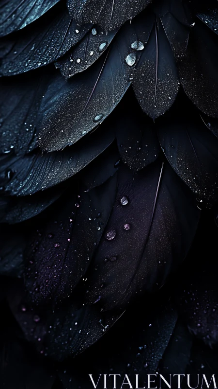 Dark bird feathers layered in close-up with water drops.