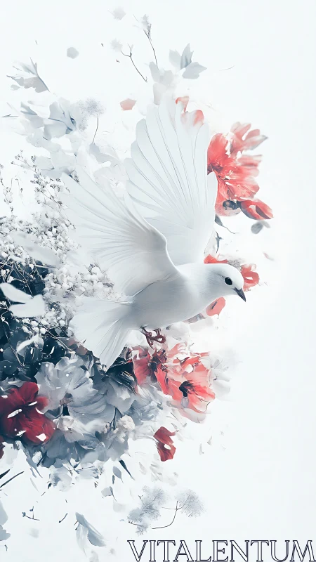 White dove soaring through abstract red and gray blossoms.