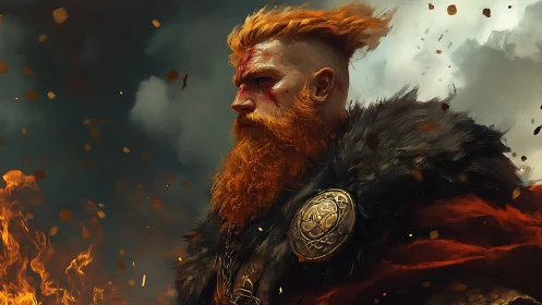 Battle-hardened warrior rendered with dynamic lighting and embers